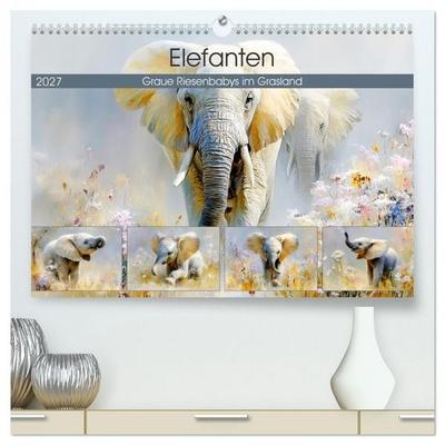 Elefanten. Graue Riesenbabys im Grasland (hochwertiger Premium Wandkalender 2027 DIN A2 quer), Kunstdruck in Hochglanz