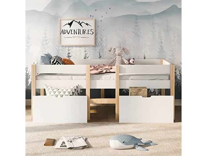 FAVSH Jugendbett 90x200 cm aus Massivem Kiefernholz, Jugendbett mit Leiter/Schublade und Rausfallschutz, stabiles Hochbett für Jungen und Mädchen, Eiche/Weiß