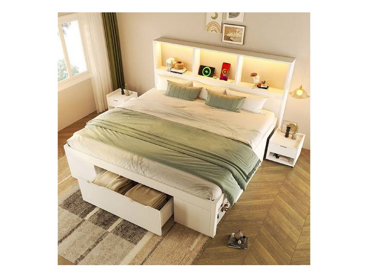 Ulife Bett Doppelbett Weiß mit Stauraum & beweglichem Nachttisch, Holz (3-tlg), 4 Rollen um ein leichtes Verschieben und Feststellen zu ermöglichen