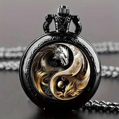 Combo Retail Shop Retro Golden Silvery Double Dragon Quartz Pocket Watch, Stylish Design black