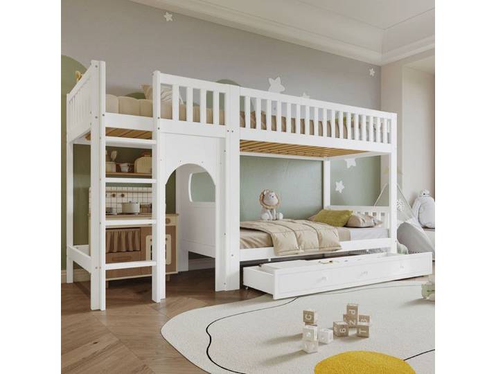 Bladez - Lit superposé 90x200 cm lit enfant lit en bois avec échelle barrières et design arqué pin et MDF - blanc
