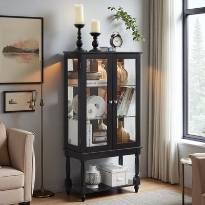 ZWYO HOSIMU "23.85"" Composite Wood Tempered Glass 3-Shelf LED Lighted Corner Display Cabinet with Mirrored Back, Open Storage."