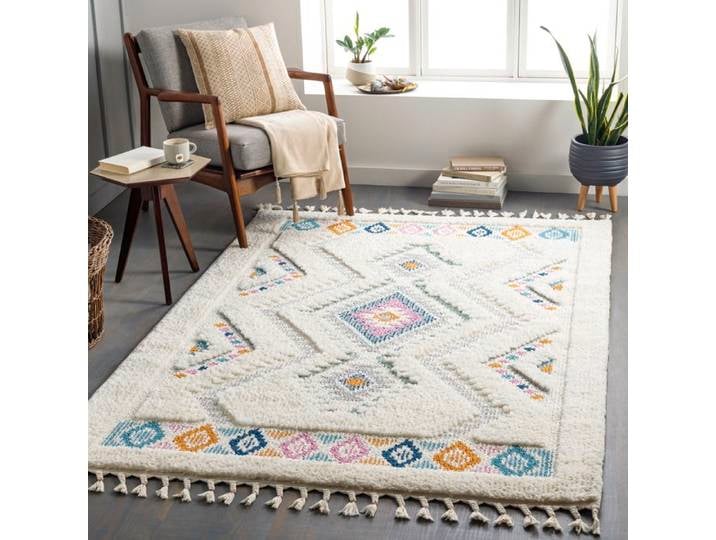 LIVABLISS Tapis de Salon à Poils Longs Doux Shaggy Bohème LILO 160x213cm Multicolore/Blanc