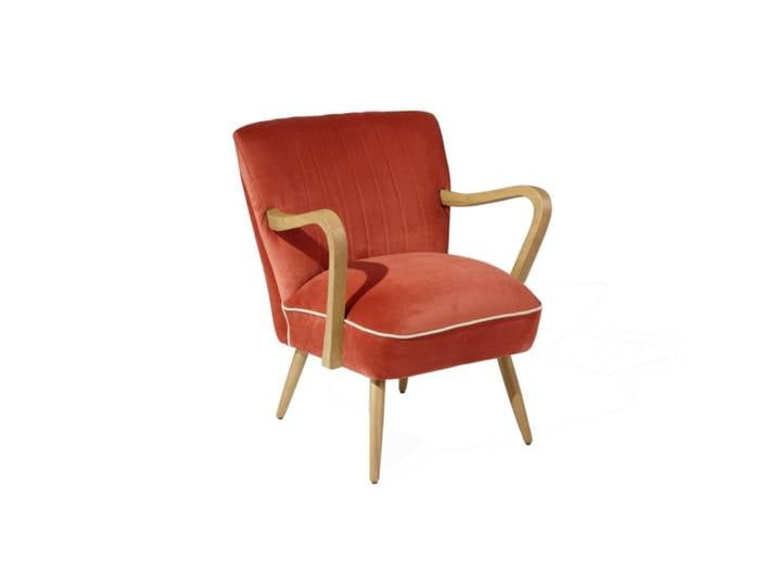Fauteuil style scandinave en hévéa et velours bleu