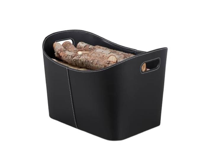 relaxdays 10028790_60 Panier à bûches XL\, Range Bois de cheminée\, revues Porte-journaux Similicuir\, Noir