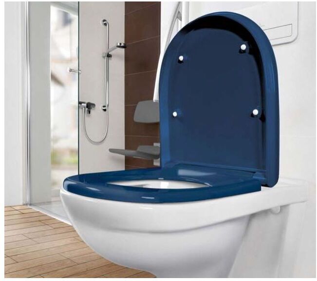 Villeroy und Boch ViCare WC-Sitz 9M67S1P1 Quick Release, Soft Closing, Befestigung von oben, Scharniere Edelstahl, blau AntiBac
