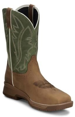 "Justin Original Workboots Nitread 11"" WP Square Composite Toe - Mens 9.5 Green Boot D"