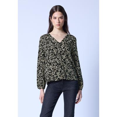 Langarmbluse STREET ONE STUDIO, Damen, Gr. 36, beige (schwarz), Stoff, 100% Viskose, gemustert, normal normal, V-Ausschnitt, elastischer Bund, Blusen, mit grafischem Muster