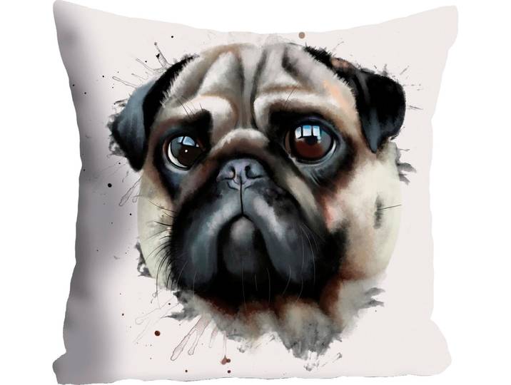 Dekokissen QUEENCE Mops , bunt (bunt, bedruckt), B:40cm L:40cm, Polyester, Dekokissen_Sitzkissen_Kissenhüllen, Dekokissen, Kissenhülle ohne Füllung, 1 Stück