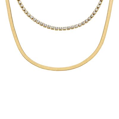 Kette ohne Anhänger FOSSIL "Schmuck Geschenk Edelstahl Halsschmuck ELLIS Layering", gold (gelbgoldfarben, kristallweiß), Halsketten, Damen, Edelstahl, L: 45,5 B: 1,5mm, mit Glasstein, B:1,5mm