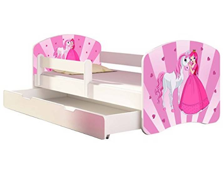 ACMA Kinderbett 180x80 Jugendbett mit Einer Schublade und Matratze, Rausfallschutz, Lattenrost Weiß, stabil, Kinderzimmer Bett, Jugendmöbel Design 08 Princess