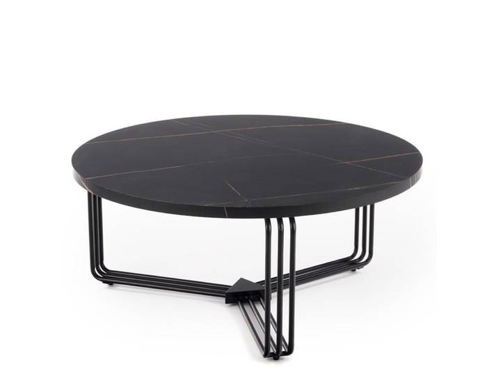Table basse ronde avec plateau aspect marbre noir