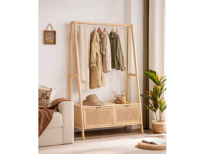 Vestiaire/portant en bois massif et cannage