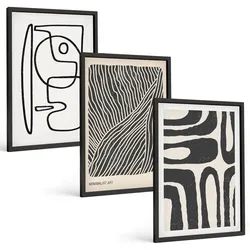 BILDER SET 3er Set - 40x60 cm Schwarzer Rahmen - Abstrakte Muster, Linien, Texturen