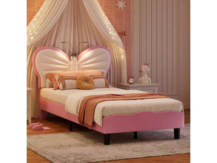 Lit Enfant 90x200 cm Rembourré Lit Princesse pour Fille avec Tête de Lit Papillon Velours et PU Rose Sans Matelas