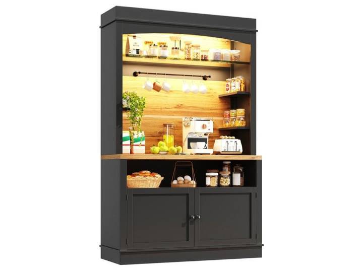 Buffet Haut Cuisine Noir 107x43x184cm vitrine LED étagère Ouverte Meuble Rangement Pour Cuisine Et Salle À Manger