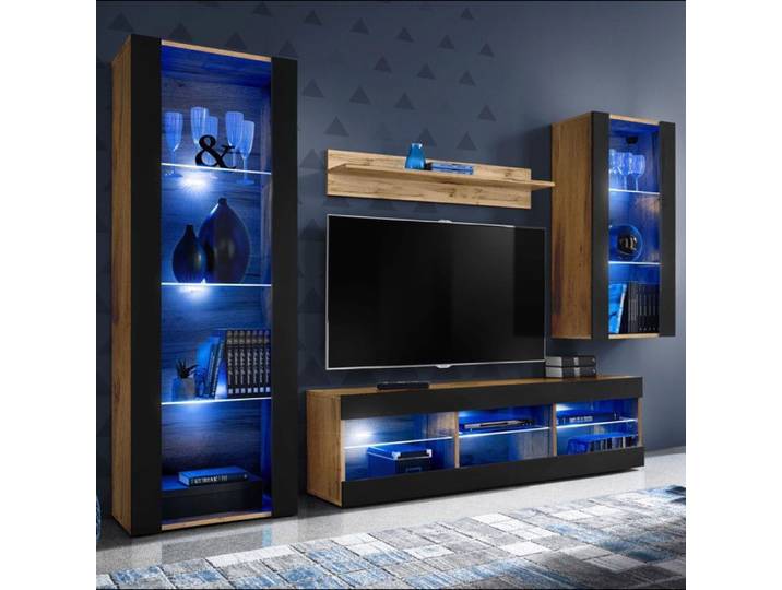 Meuble TV Tivoli Set Medio Komodee - LED bleues - Noir Mat ET Bois naturel - 195x159x35 cm