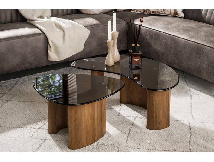Couchtisch Aurora - 2er Set mit Tischplatte aus Rauchglas und Gestell in Eichenoptik - Braun-Eichenoptik - Luxusbetten24