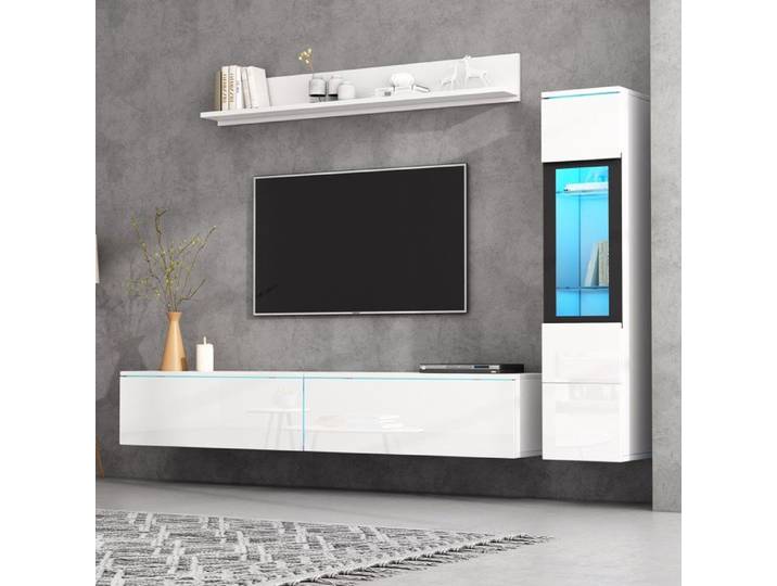 Meuble TV - JAERLIUB - 3 pièces - Éclairage LED RGB 16 Couleurs - Design Moderne - Blanc Brillant