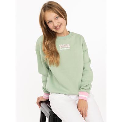 Sweatshirt ZWILLINGSHERZ "SMILE", Mädchen, Gr. 122/128, grün (matcha grün), Sweatware, Obermaterial: 50% Baumwolle, 50% Polyester, Sweatshirts Sweatshirt, gestreifte elastische Bündchen, SMILE Print vorne und hinten, Rundhals