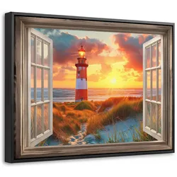 LEINWAND Bilder mit Rahmen - Aussicht - Fenster - Leuchtturm - Sonnenuntergang - Strand - 40x30