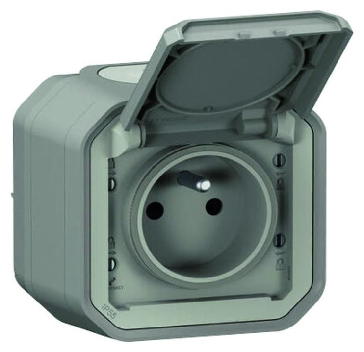 Legrand Plexo Stopcontact met waterdichte aardingsaansluiting en klep, grijs