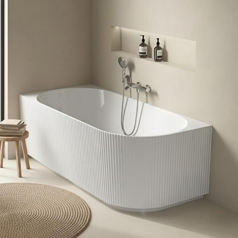Weiße Halbinsel-Badewanne aus geripptem Acryl 170 cm - Linke Ecke STRIA