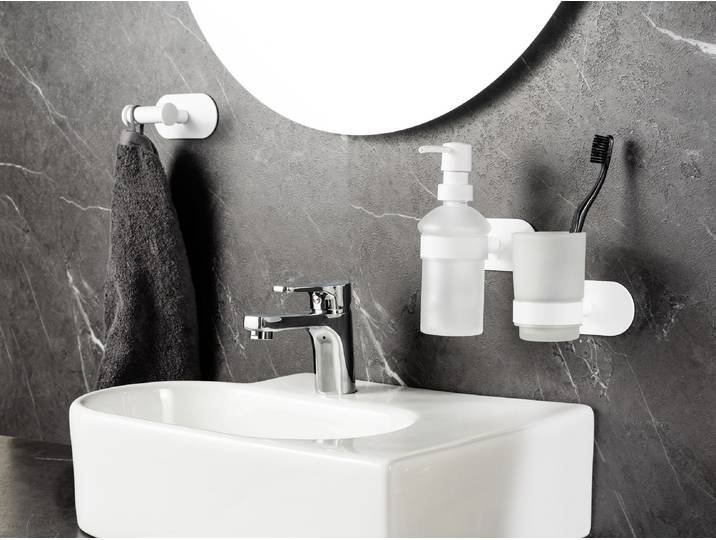 Distributeur savon Orea type A support : acier inoxydable, laqué distributeur de savon : verre satiné verre Blanc/Blanc 10 x 17 x 11cm