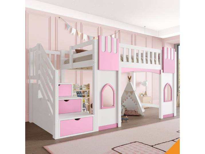 Lit mezzanine avec escalier rangement et fenêtres couchage 90x200