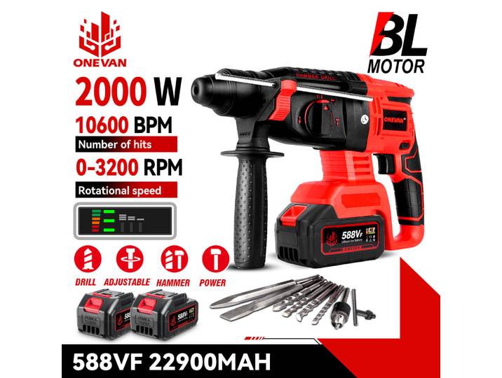 ONEVAN 2000W perceuse à percussion électrique sans brosse multifonctionnelle rotative sans fil outils électriques rechargeables pour Makita 18V batterie broche