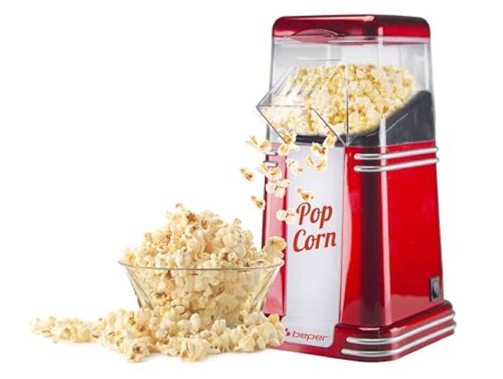 BEPER 90.590Y Beper Popcornmachine, Popcorn in 3 minuten, Vetvrij, Heteluchtcirculatie, Vermogen 1200 W Rood,Rood/Wit