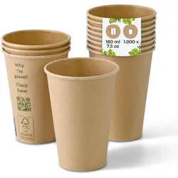 BIOZOYG 1000 Stück Einwegbecher 180 ml / 7,5 oz Pappbecher, Kaffeebecher, ungebleicht, ökologisch, kompostierbar, umweltschonend für Coffee to Go