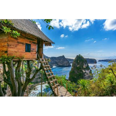 Fototapete PAPERMOON "KÜSTE-NATUR LANDSCHAFT MEER STRAND BÄUME BERGE PALMEN", bunt, B:3m L:2,23m, Vlies, Tapeten