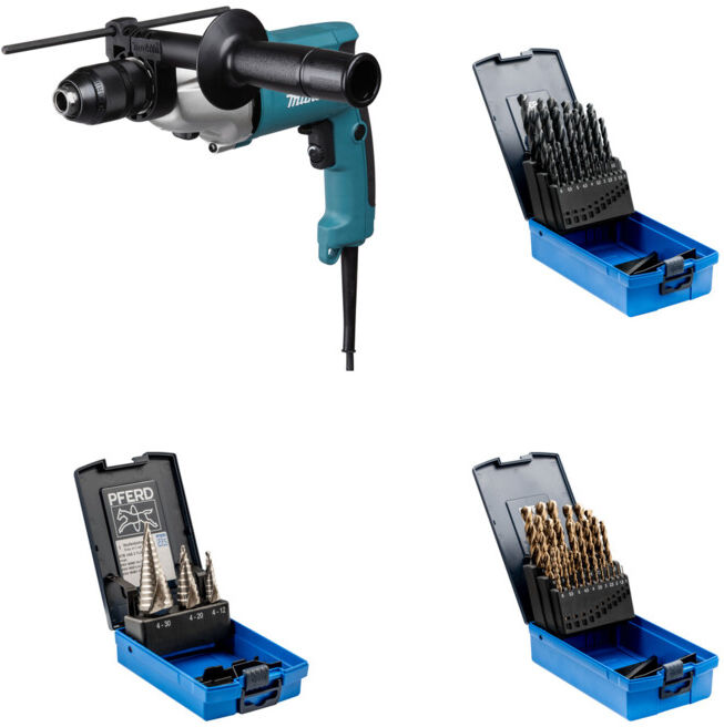 Set MAKITA 2-Gang-Elektronik-Bohrmaschine DP4011J + Stufenbohrer-Set HSS 3-tlg. + Spiralbohrer-Set 25-tlg. STEEL HSSG N DIN 338 universal + Spiralbohrer-Set 25-tlg. INOX HSSE N DIN 338