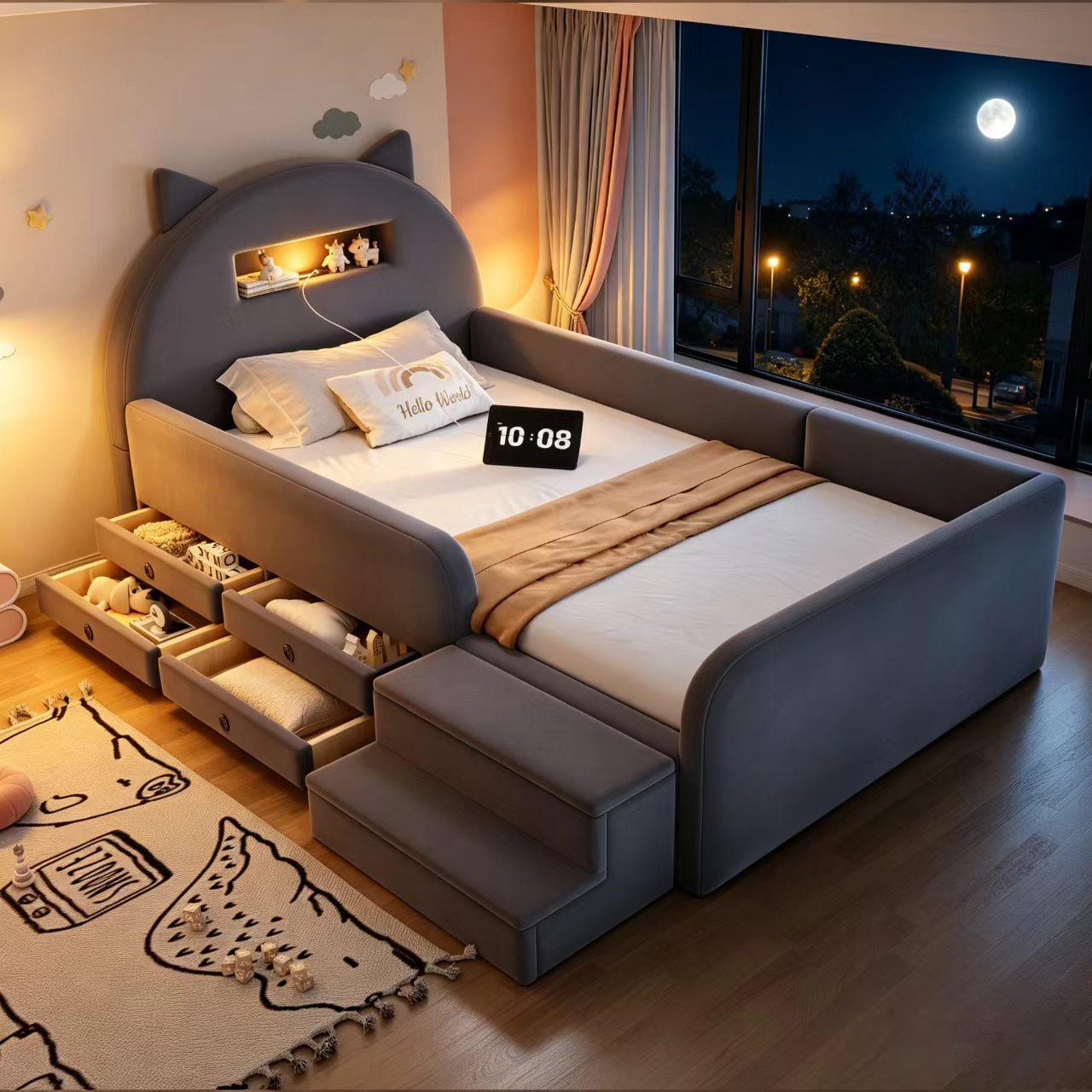 Polsterbett Kinderbett 90x200 cm Dunkelgrau Samt mit ohrförmigem Kopfteil, Nachtlicht, USB-Anschluss und Stauraumschubladen