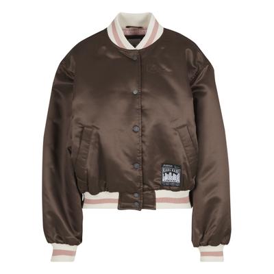 Bomberjacke KARL KANI "Karl Kani Signature Bowling Jacket", Damen, Gr. XS, braun (braun, rose), 100% Polyester, unifarben, normal, amerikanischer Ausschnitt, Jacken Bomberjacke