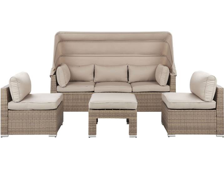 BELIANI Lounge Set Braun Auflagen Beige mit Überdachung 5-teiliges Modular Polyrattan für Garten für Terrasse für Wintergarten