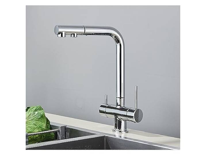 CAAUYXZW Ausziehbarer, gefilterter Küchenarmatur aus verchromtem Messing, Doppelgriff, heißes und kaltes Trinkwasser, 3-Wege-Filter-Reinigungs-Mischbatterien(Chrome)