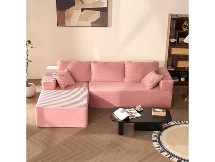 Litbird Modulares L-förmiges Ecksofa mit Schlaffunktion – rahmenloses Schlafsofa mit Chaiselongue Links, extra tiefer Sitzfläche, montagefrei, für Wohnzimmer,Rosa
