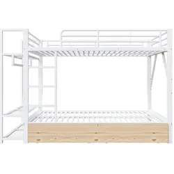 OKWISH Etagenbett Metall Weiß 140x200 cm, mit LED-Lichtleiste, 2 Schubladen, Regalen und Kleiderstange