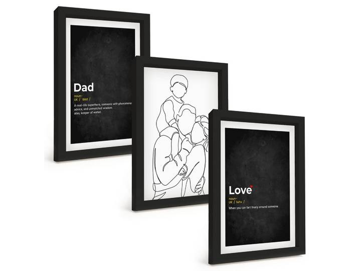 BILDER SET 3er Set - 20x30 cm Schwarzer Rahmen - Familiengeschichte, Kunst, Liebe, Vaterschaft