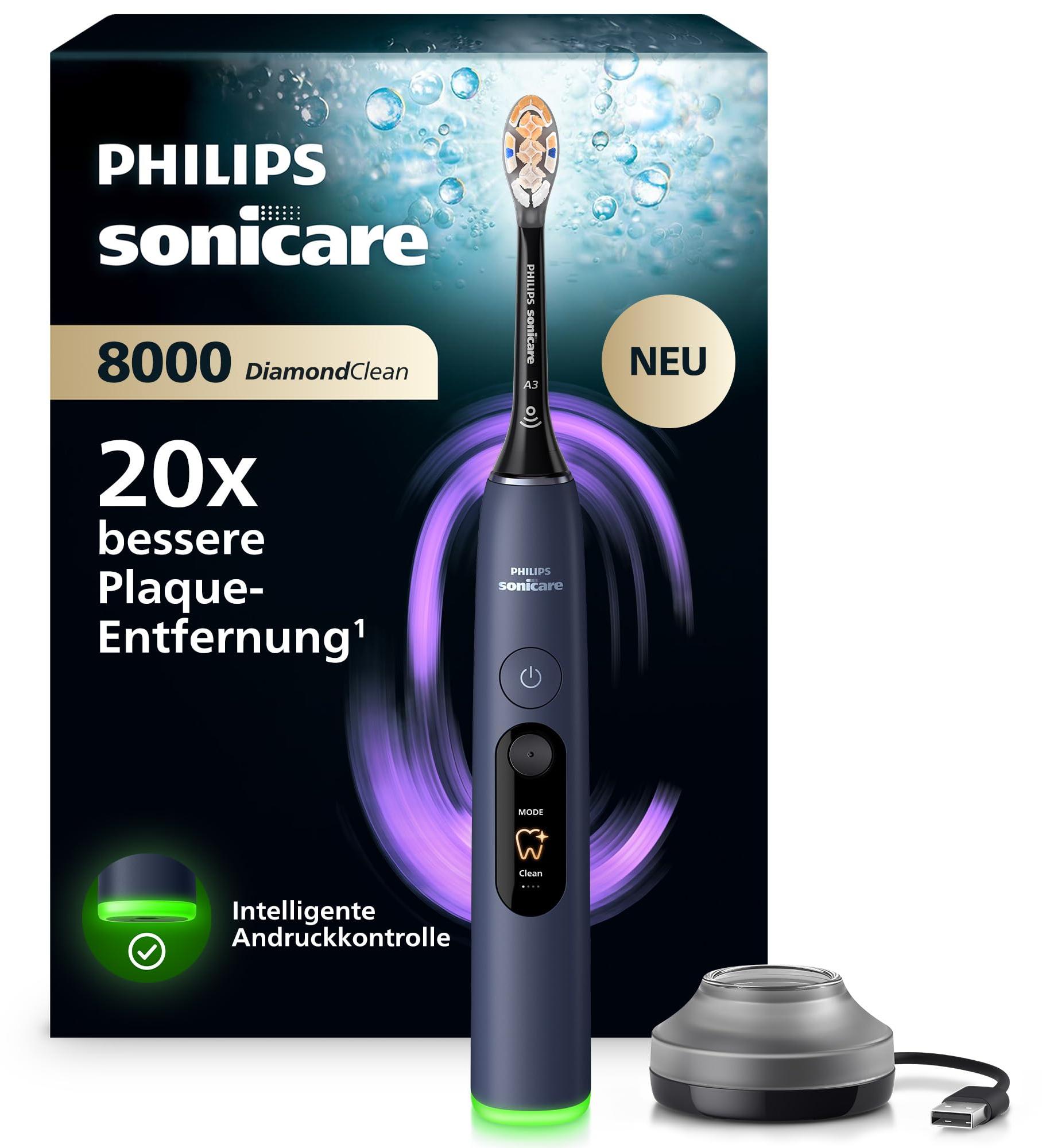 Philips DiamondClean 8000 HX8311/13 Wiederaufladbare Zahnbürste, Erwachsener, Schallzahnbürste, Sensibel, Zahnfleischpflege, Tiefenreinigung, Whitening, 62000 Bewegungen pro Minute, Blau, 2 min, 4 x 30 sec