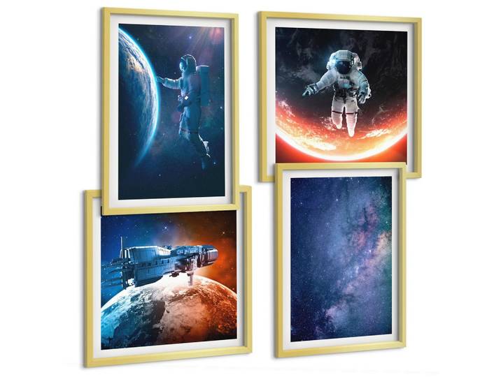 BILDER SET 4er Set - 50x50 cm & 40x60 cm Goldrahmen - Weltraum-Astronauten-Sterne