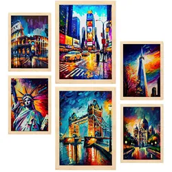 POSTER Set Mit 6 Menschengemacht Im Ölgemälde A3 & A4 Rahmen Aus Hellem Holz
