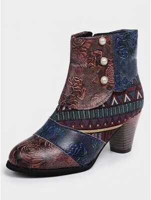 LightInthebox Women's Multi Bohemian Ankle Boots - Embossed Leather Pearl Patchwork Chunky Heel Booties for Music Festivals, Art Galleries Vintage Gatherings