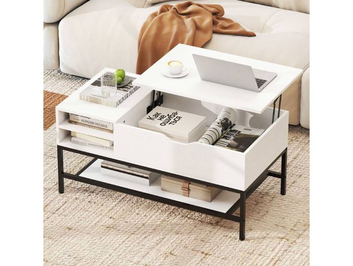 GOPLUS Table Basse Relevable avec Étagère de Rangement Amovible Compartiment Caché Étagère Inférieure 99 5x49 5x47 5cm Blanc