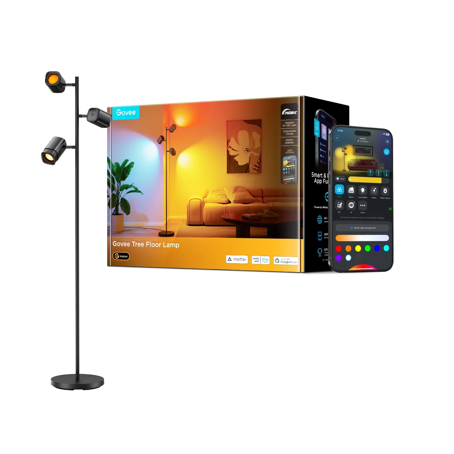 Govee Baum-Stehlampe Wi-Fi/Bluetooth Alexa kompatibel, schwarz