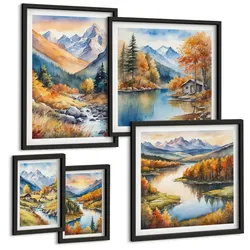 BILDER SET 5er Set - 50x50 cm & 20x30 cm & 40x60 cm Schwarzer Rahmen - Berglandschaft, Flusshütten