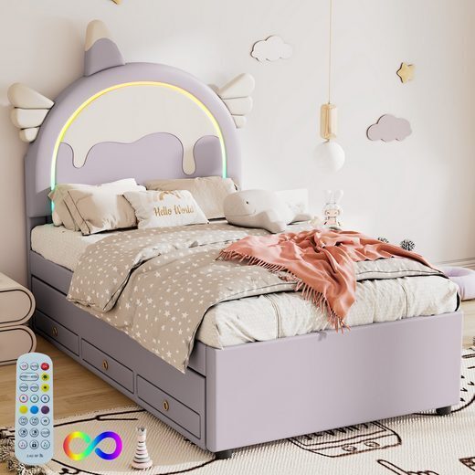 Odikalo Kinderbett Rollbett Cartoon Einhornform Ausziehbar Kunstleder LED Blau 90