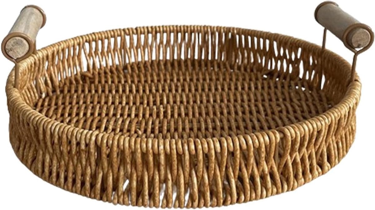 Ronde geweven mand met handvat - Bruine decoratieve organizer - Medium formaat